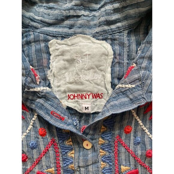 Johnny Was 3J Workshop Embroidered Blue Striped Western Sleeveless Button Down M - Picture 3 of 4